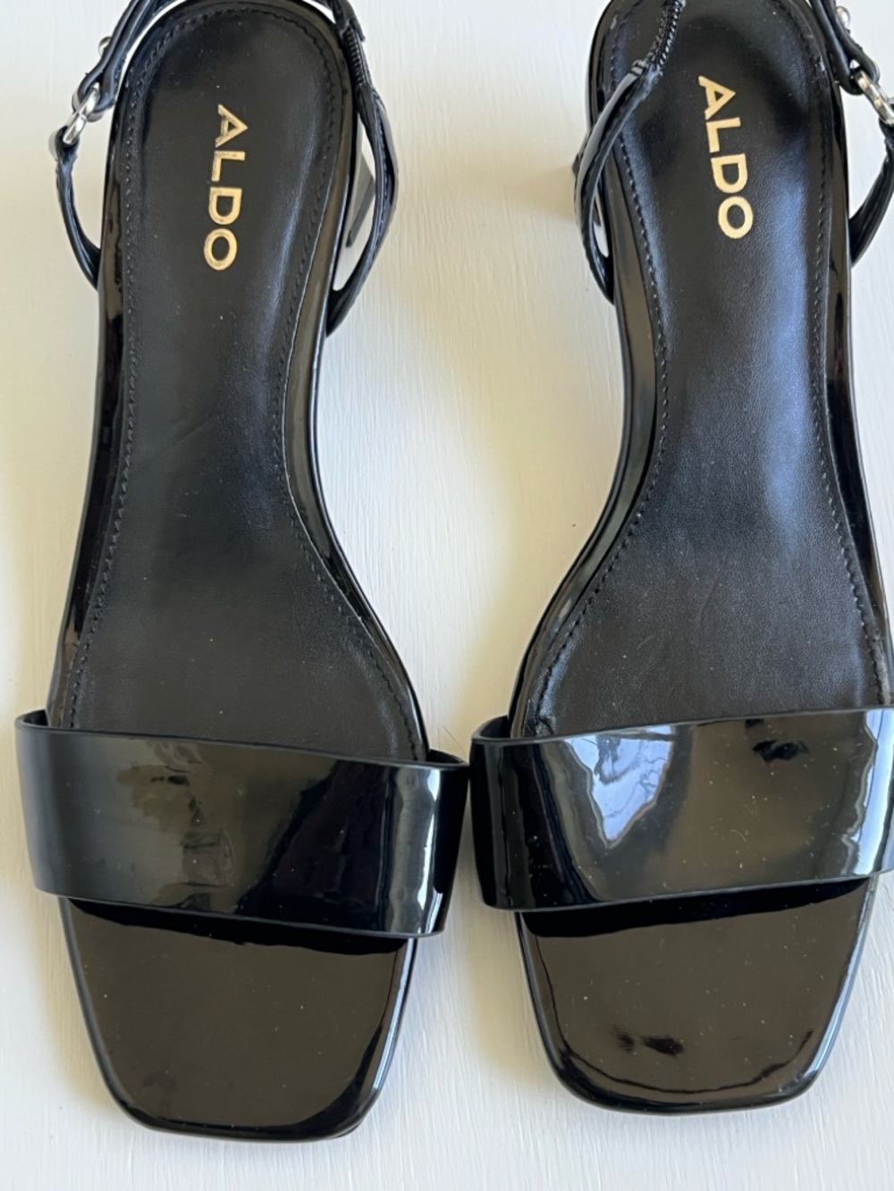 Aldo Black Patent Square-Toe Ankle Strap Heels - Picture 2 of 5